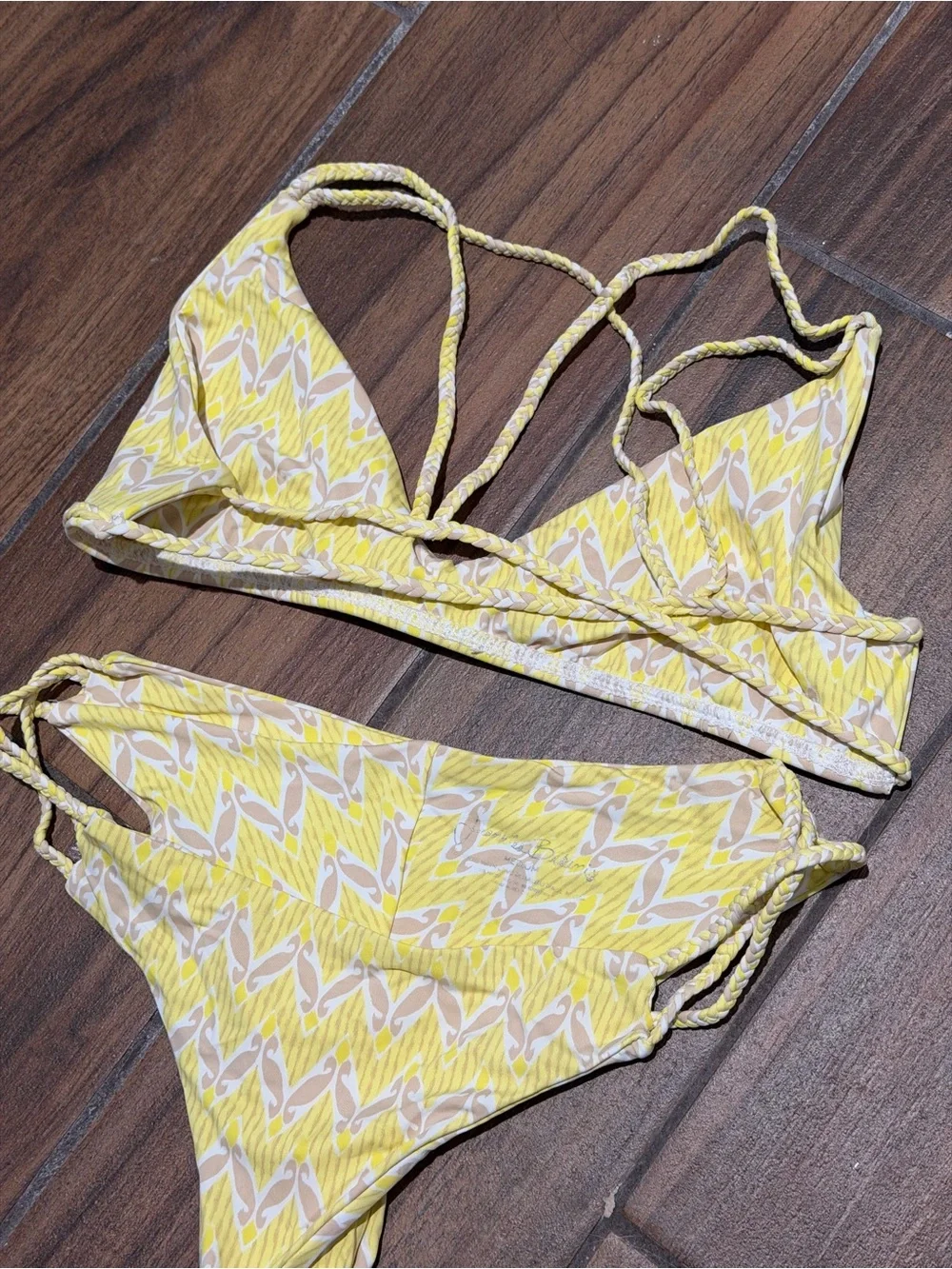 Frankie’s Bikinis Vintage Yellow Patterned Strappy Bikini Set
